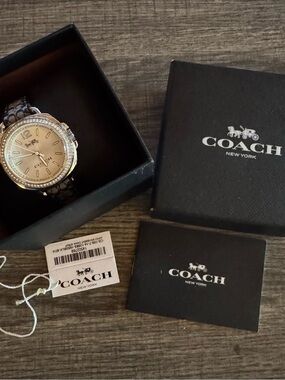 Coach Women's Silver-Tone Watch with Beige Dial and Brown Signature Strap